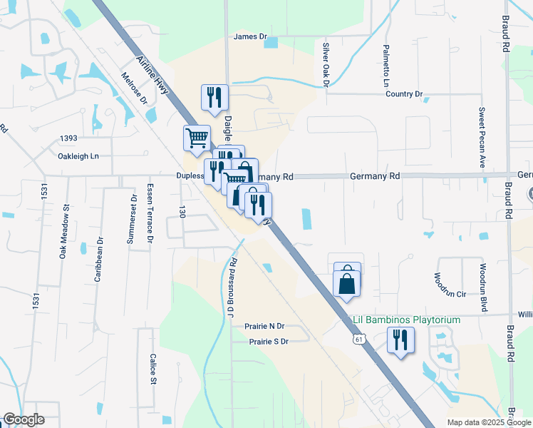 map of restaurants, bars, coffee shops, grocery stores, and more near 14590 Airline Highway in Gonzales