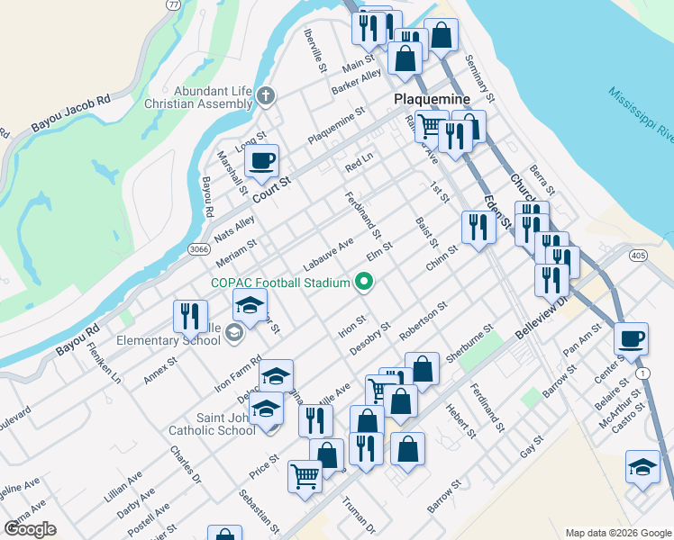 map of restaurants, bars, coffee shops, grocery stores, and more near 23920 Calvin Street in Plaquemine