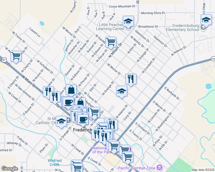 map of restaurants, bars, coffee shops, grocery stores, and more near 302 West College Street in Fredericksburg