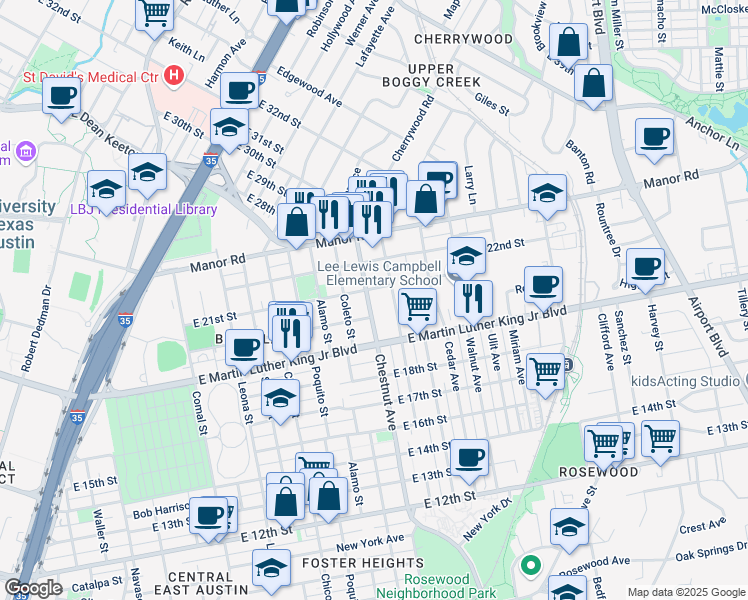 map of restaurants, bars, coffee shops, grocery stores, and more near 2007 Chestnut Avenue in Austin