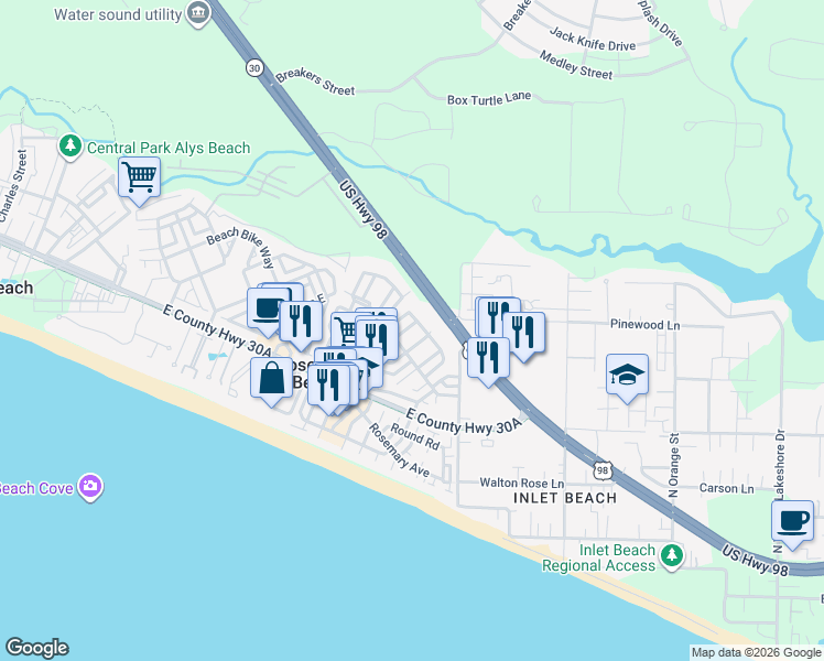 map of restaurants, bars, coffee shops, grocery stores, and more near 21 Hamilton Lane in Crestview