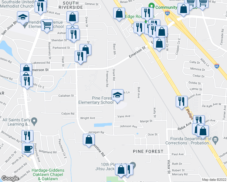 map of restaurants, bars, coffee shops, grocery stores, and more near 3856 Grant Rd in Jacksonville