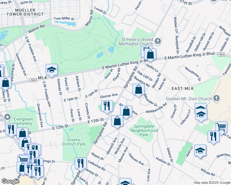 map of restaurants, bars, coffee shops, grocery stores, and more near 4508 Glomar Avenue in Austin