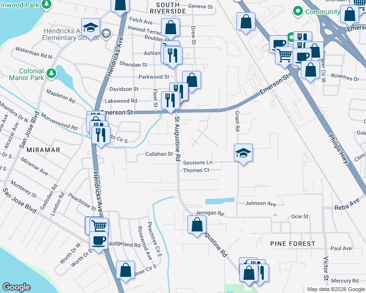 map of restaurants, bars, coffee shops, grocery stores, and more near 3863 Saint Augustine Road in Jacksonville