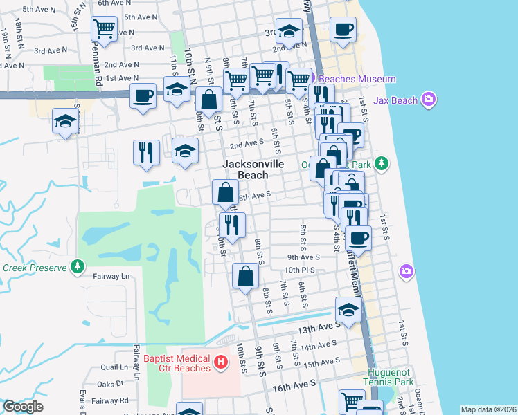 map of restaurants, bars, coffee shops, grocery stores, and more near 723 6th Avenue South in Jacksonville Beach