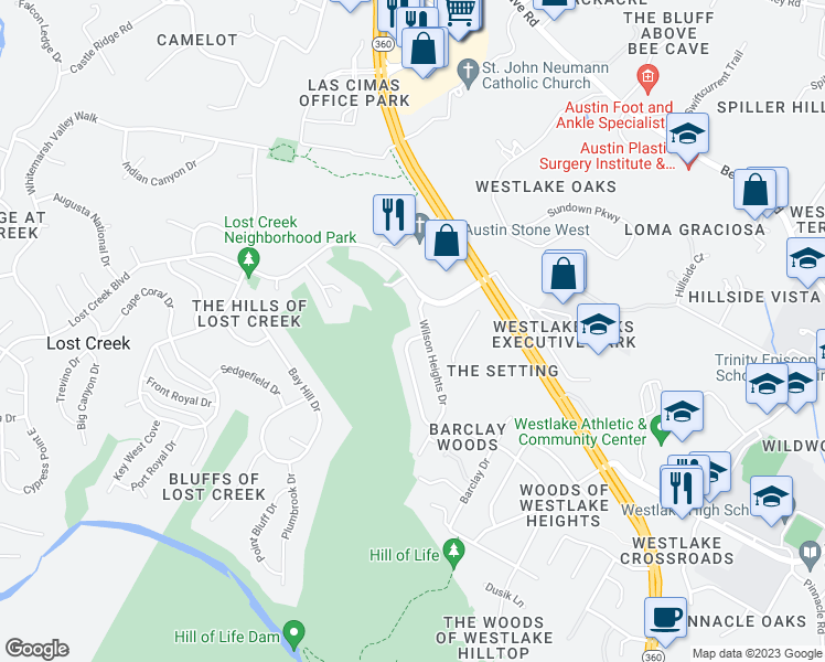 map of restaurants, bars, coffee shops, grocery stores, and more near 1302 Thaddeus Cove in Austin
