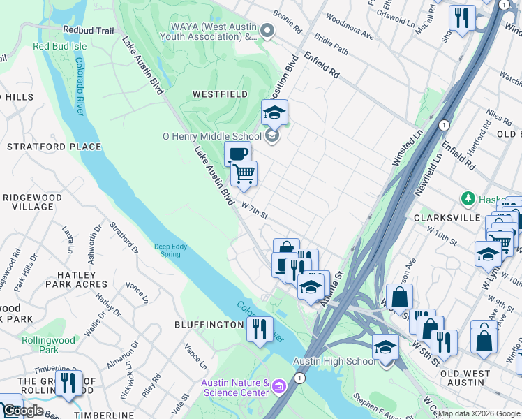 map of restaurants, bars, coffee shops, grocery stores, and more near 700 Wayside Drive in Austin