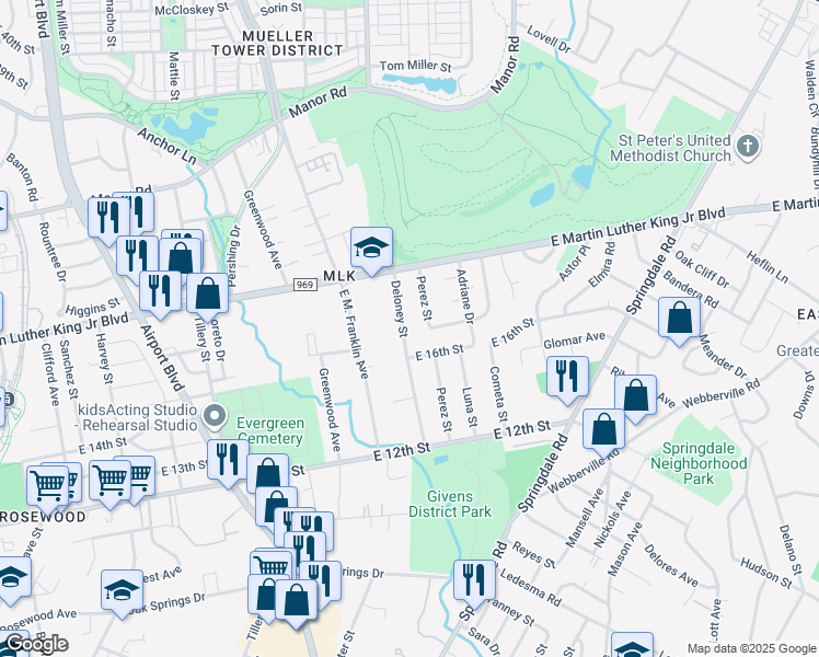 map of restaurants, bars, coffee shops, grocery stores, and more near 1613 Deloney Street in Austin