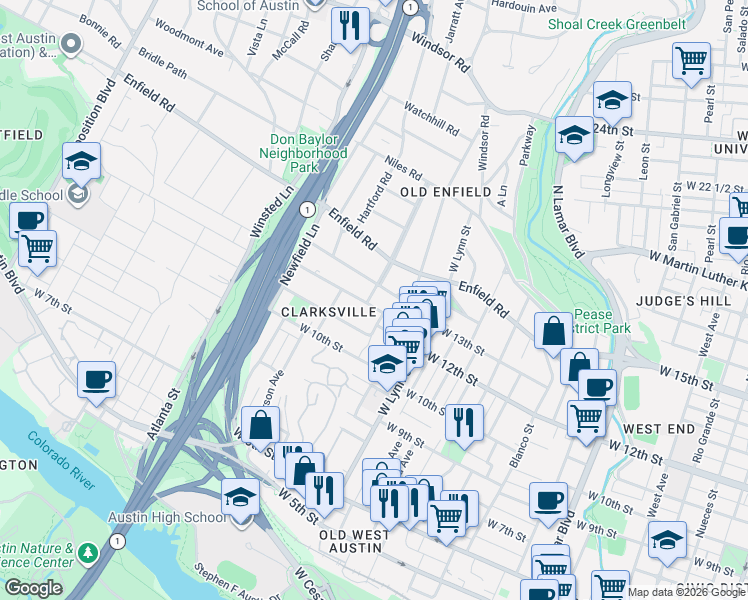 map of restaurants, bars, coffee shops, grocery stores, and more near 1301 Woodlawn Boulevard in Austin