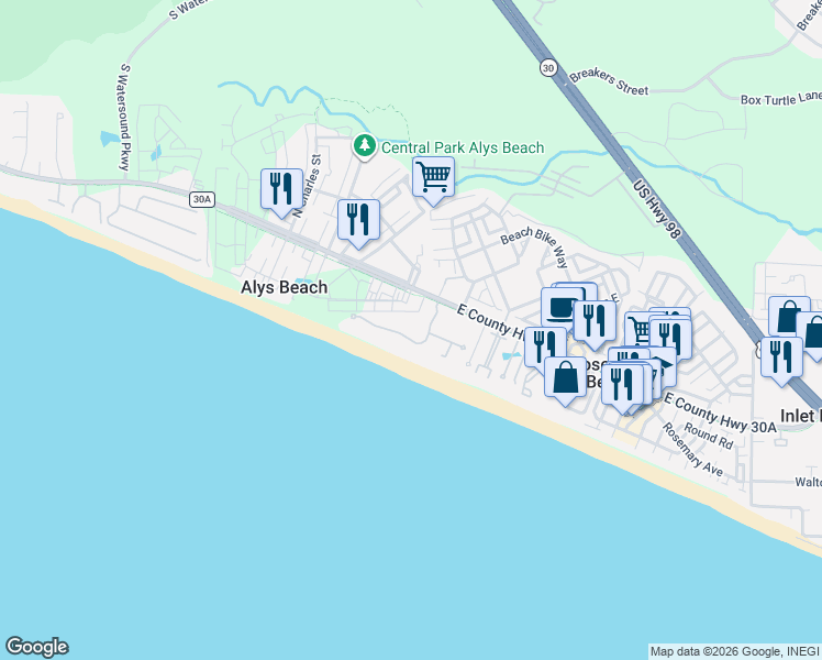 map of restaurants, bars, coffee shops, grocery stores, and more near in Rosemary Beach
