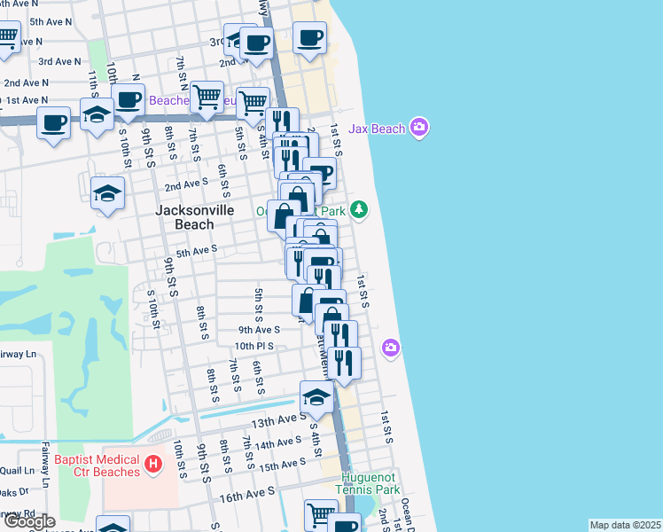 map of restaurants, bars, coffee shops, grocery stores, and more near 675 3rd Street South in Jacksonville Beach
