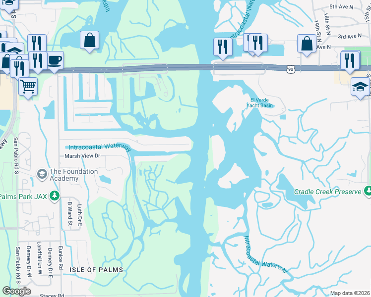 map of restaurants, bars, coffee shops, grocery stores, and more near 14882 Plumosa Drive in Jacksonville