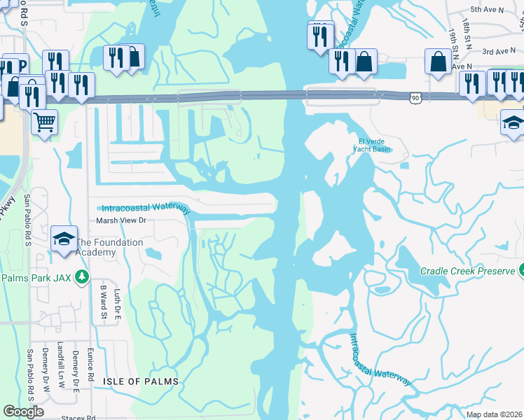 map of restaurants, bars, coffee shops, grocery stores, and more near 14882 Plumosa Drive in Jacksonville