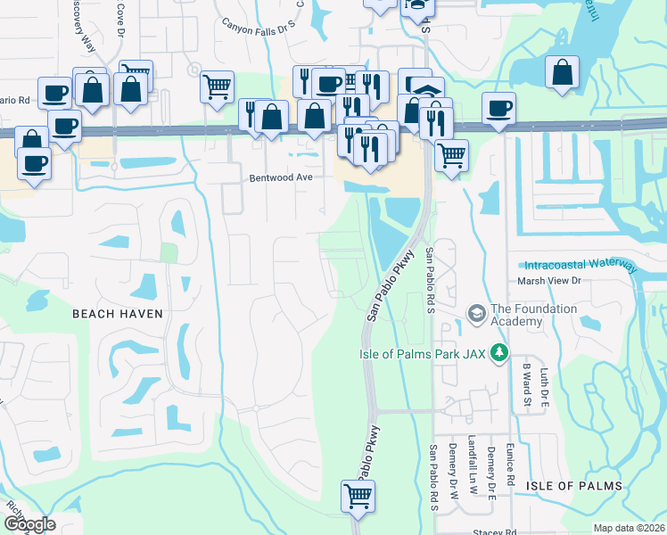 map of restaurants, bars, coffee shops, grocery stores, and more near 3628 Marsh Reserve Boulevard in Jacksonville