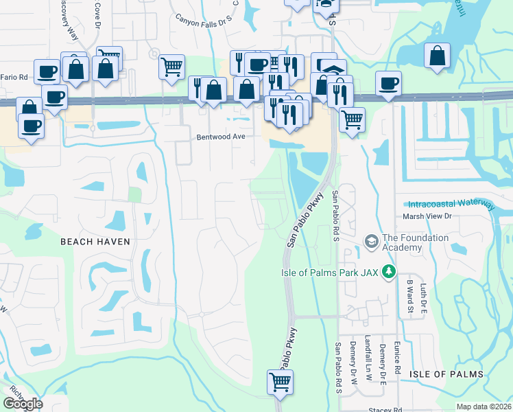 map of restaurants, bars, coffee shops, grocery stores, and more near 3628 Marsh Reserve Boulevard in Jacksonville