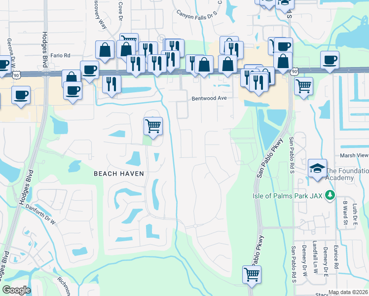 map of restaurants, bars, coffee shops, grocery stores, and more near 3629 Brockway Road in Jacksonville