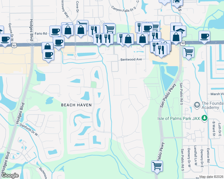 map of restaurants, bars, coffee shops, grocery stores, and more near 3629 Brockway Road in Jacksonville