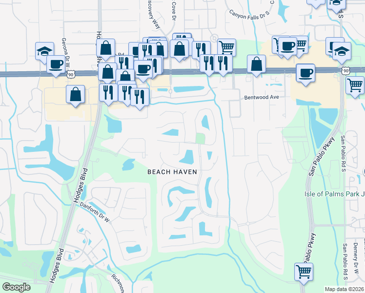 map of restaurants, bars, coffee shops, grocery stores, and more near 3621 Shady Woods Street South in Jacksonville