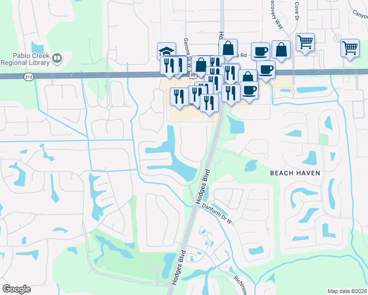 map of restaurants, bars, coffee shops, grocery stores, and more near 3669 Casitas Drive in Jacksonville
