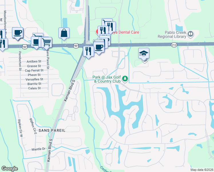 map of restaurants, bars, coffee shops, grocery stores, and more near 12768 Hunt Club Road North in Jacksonville