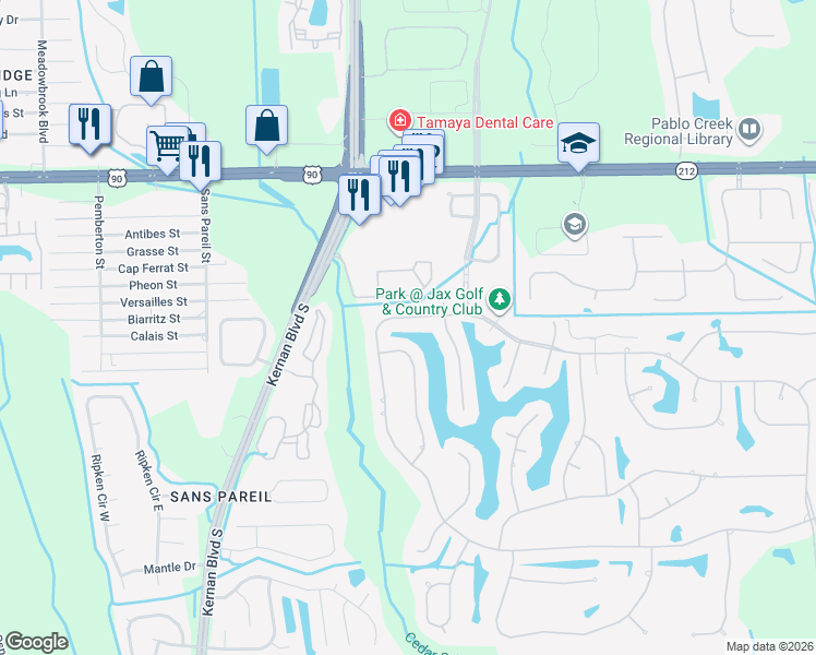 map of restaurants, bars, coffee shops, grocery stores, and more near 12736 Hunt Club Road North in Jacksonville