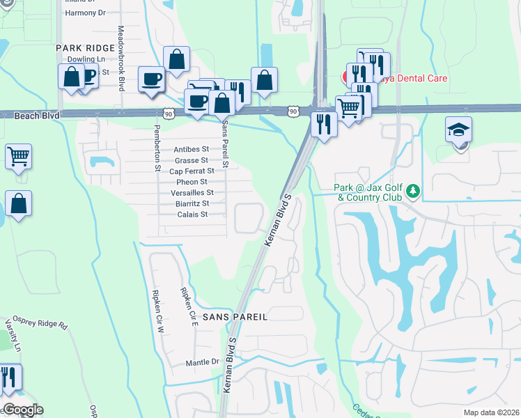 map of restaurants, bars, coffee shops, grocery stores, and more near 3977 Coastal Cove Circle in Jacksonville