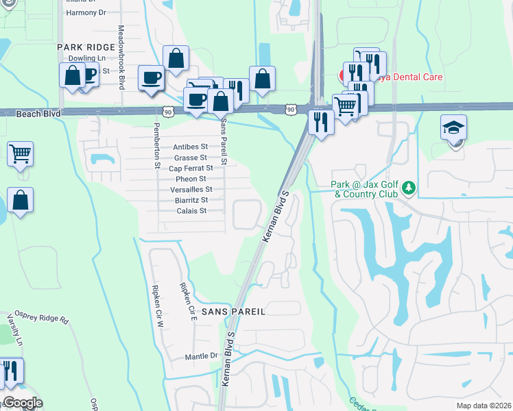 map of restaurants, bars, coffee shops, grocery stores, and more near 3977 Coastal Cove Circle in Jacksonville