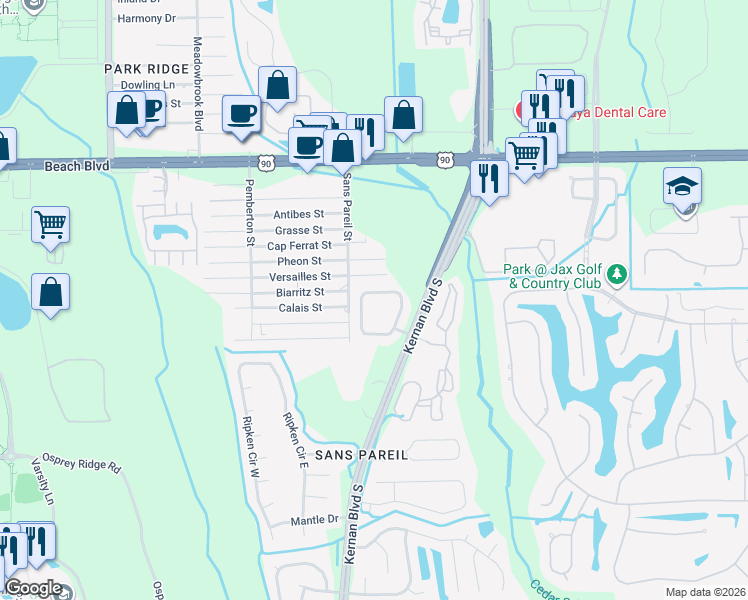 map of restaurants, bars, coffee shops, grocery stores, and more near 3898 Coastal Cove Circle in Jacksonville