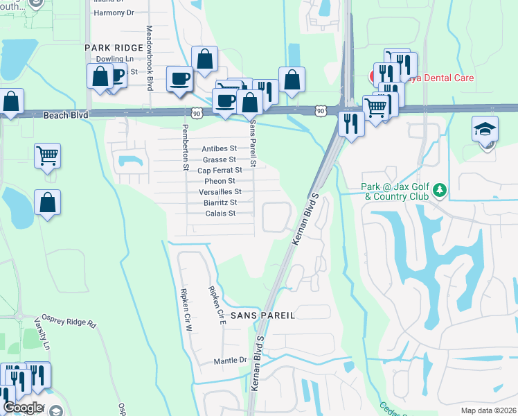 map of restaurants, bars, coffee shops, grocery stores, and more near 3622 Sans Pareil Street in Jacksonville
