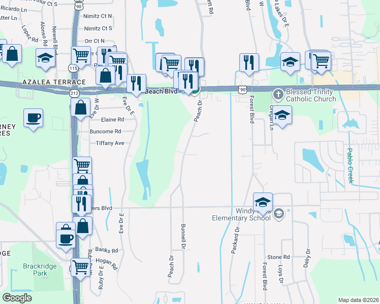 map of restaurants, bars, coffee shops, grocery stores, and more near 3531 Peach Drive in Jacksonville