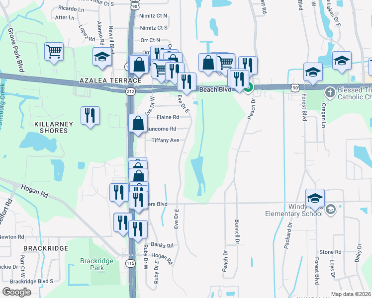 map of restaurants, bars, coffee shops, grocery stores, and more near 3526 Eve Drive West in Jacksonville