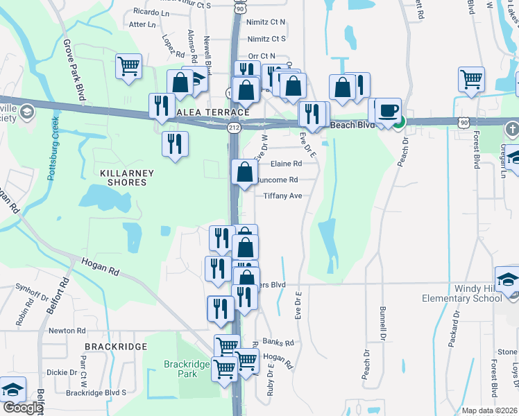 map of restaurants, bars, coffee shops, grocery stores, and more near 3519 Eve Drive West in Jacksonville