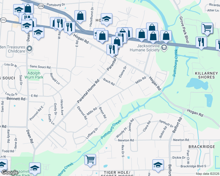 map of restaurants, bars, coffee shops, grocery stores, and more near 8080 Ibach Road in Jacksonville