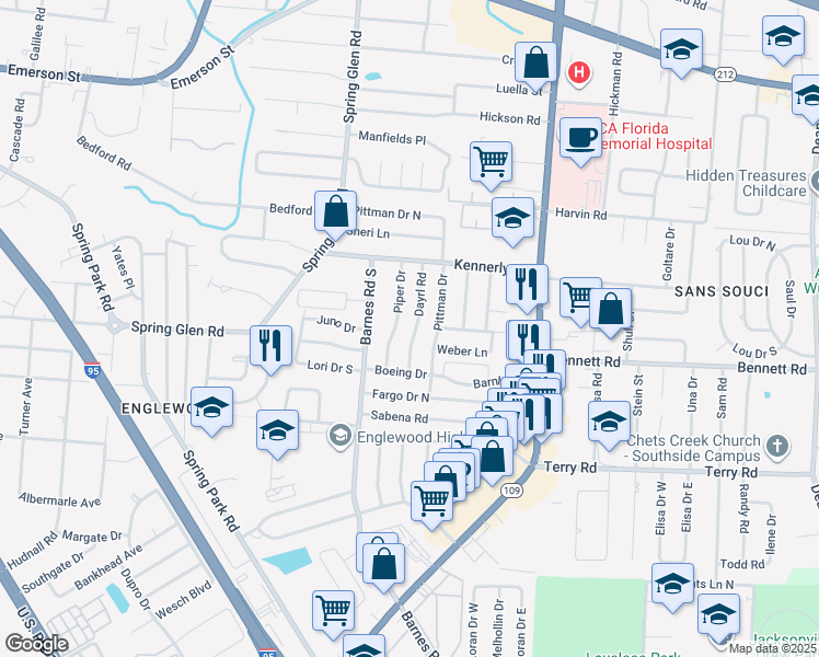 map of restaurants, bars, coffee shops, grocery stores, and more near 4133 Dayrl Road in Jacksonville