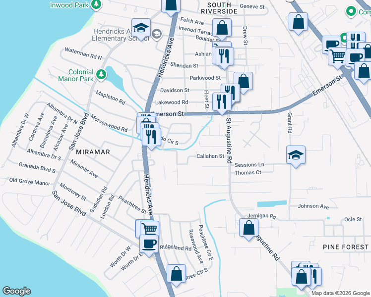 map of restaurants, bars, coffee shops, grocery stores, and more near 3903 Orlando Terrace in Jacksonville