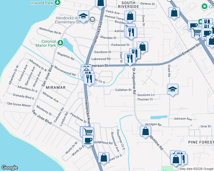 map of restaurants, bars, coffee shops, grocery stores, and more near 3903 Orlando Terrace in Jacksonville