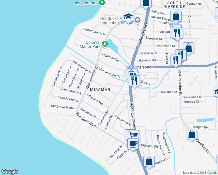 map of restaurants, bars, coffee shops, grocery stores, and more near 1227 Eutaw Place in Jacksonville