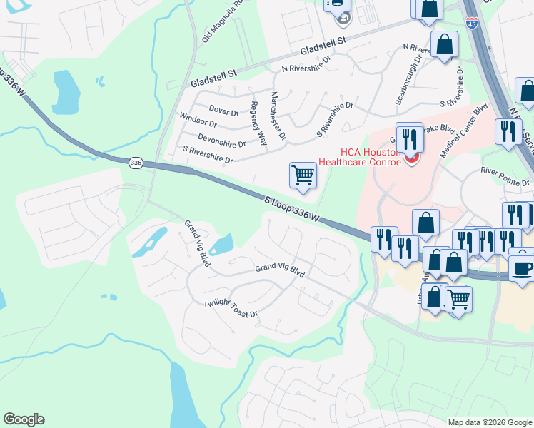 map of restaurants, bars, coffee shops, grocery stores, and more near 347 Red Petal Court in Conroe