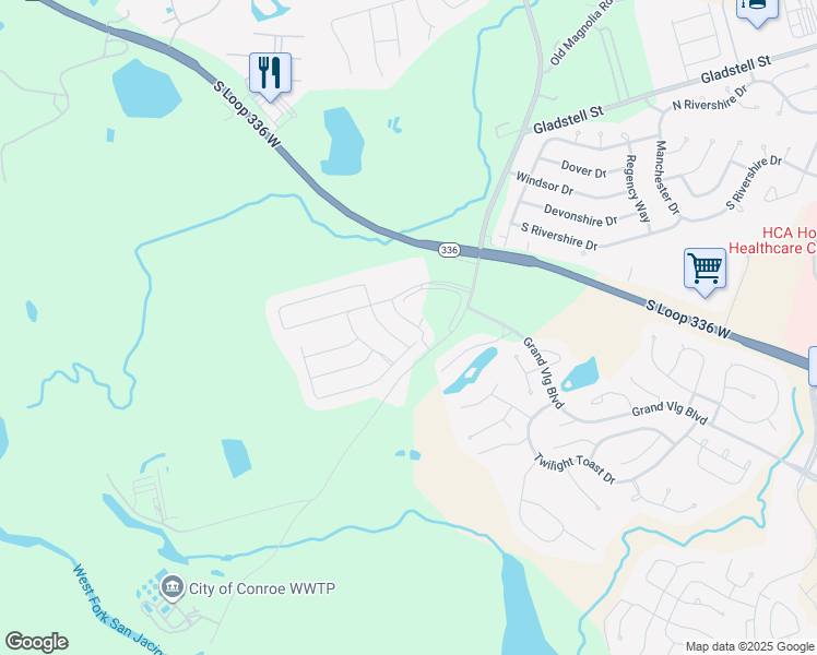 map of restaurants, bars, coffee shops, grocery stores, and more near 2275 Riverway Drive in Conroe