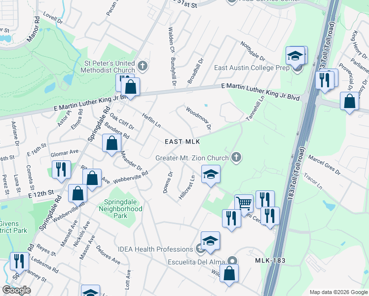 map of restaurants, bars, coffee shops, grocery stores, and more near 1803 Webberville Road in Austin