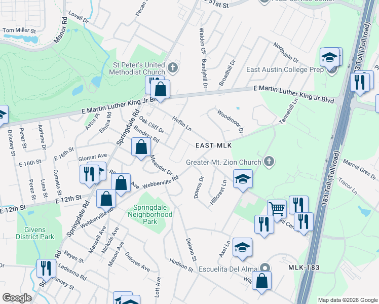 map of restaurants, bars, coffee shops, grocery stores, and more near 5213 Rob-Scott Street in Austin