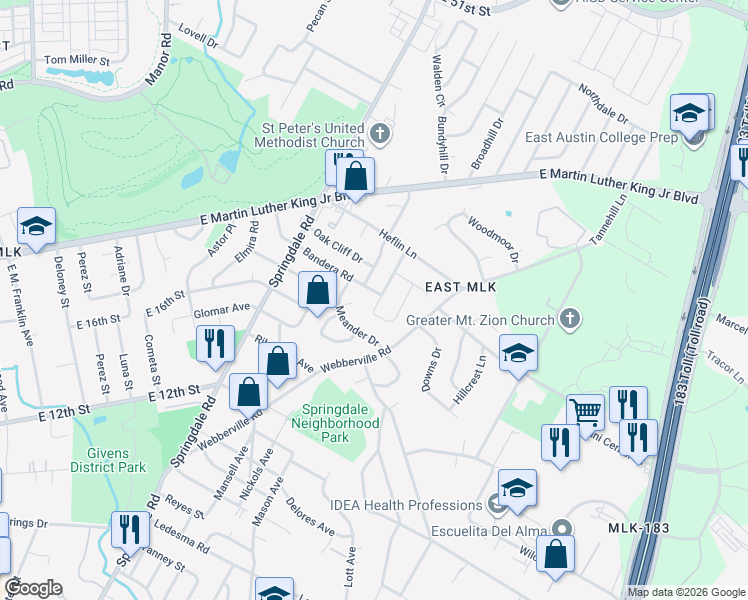 map of restaurants, bars, coffee shops, grocery stores, and more near 1717 Adina Street in Austin