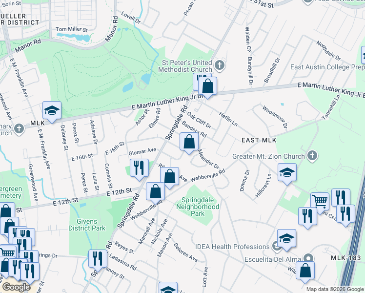map of restaurants, bars, coffee shops, grocery stores, and more near 1603 Berene Avenue in Austin