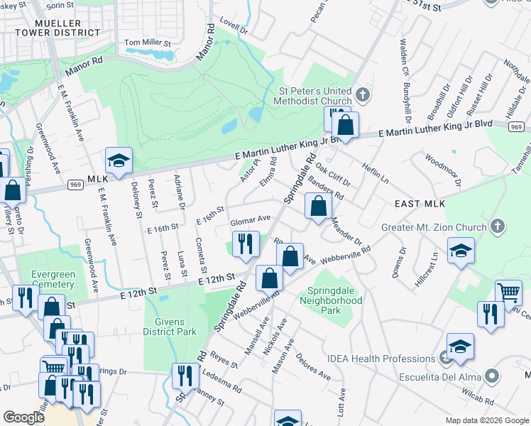 map of restaurants, bars, coffee shops, grocery stores, and more near 4508 Glomar Avenue in Austin