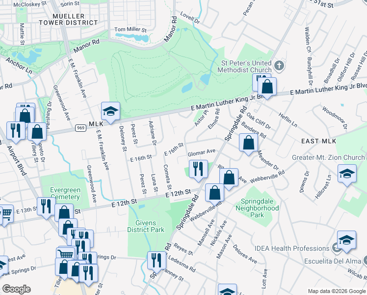 map of restaurants, bars, coffee shops, grocery stores, and more near 4201 Leslie Avenue in Austin