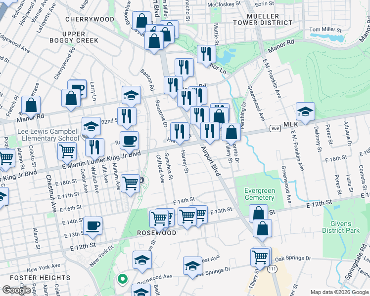 map of restaurants, bars, coffee shops, grocery stores, and more near 3001 East Martin Luther King Junior Boulevard in Austin