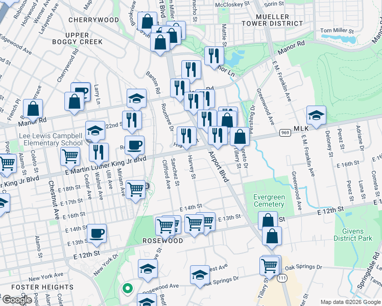 map of restaurants, bars, coffee shops, grocery stores, and more near Harvey Street in Austin