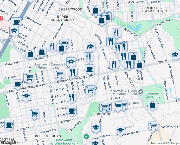 map of restaurants, bars, coffee shops, grocery stores, and more near 2834 East Martin Luther King Junior Boulevard in Austin