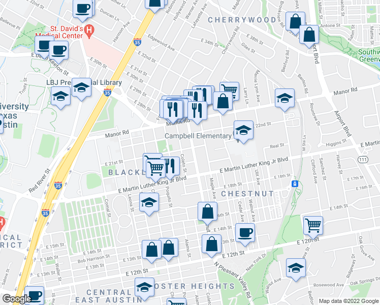 map of restaurants, bars, coffee shops, grocery stores, and more near 2007 Chestnut Avenue in Austin