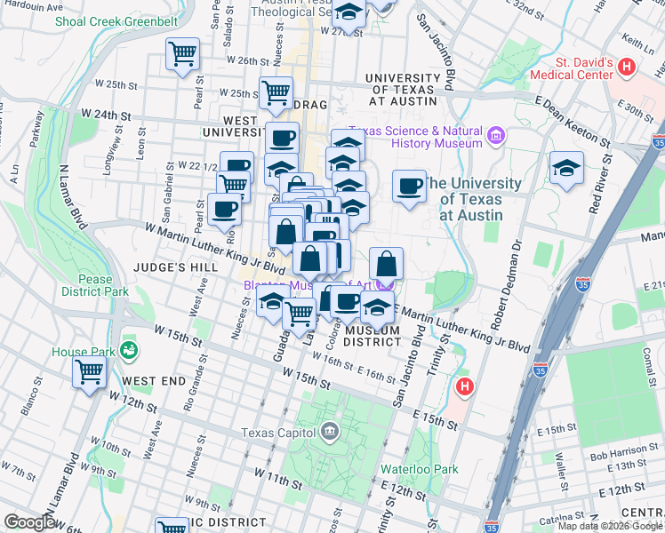 map of restaurants, bars, coffee shops, grocery stores, and more near 1904 1/2 University Avenue in Austin